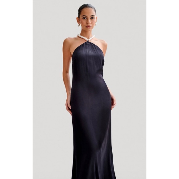 MESHKI Blanche Satin Pearl Halter Maxi Dress - Black - Picture 1 of 10